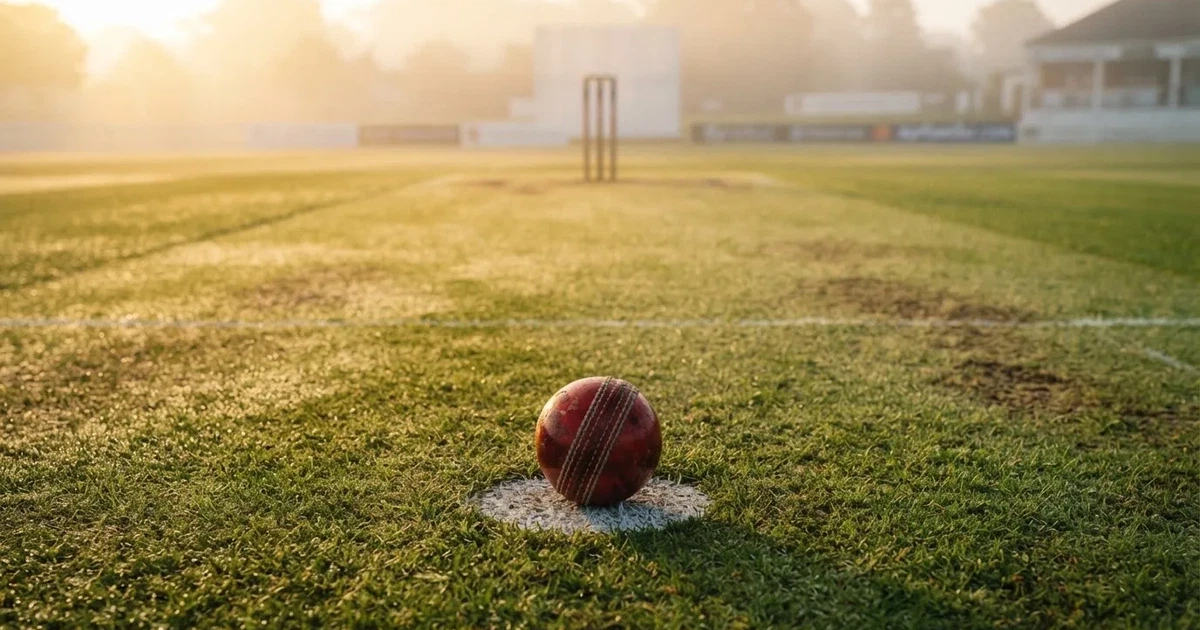 A ball on the centre spot of a grass pitch in morning light
