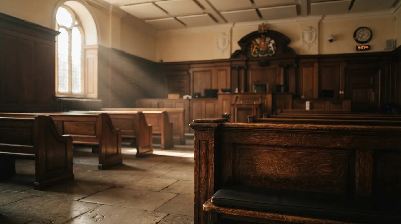 An empty courtroom with wooden benches in morning light