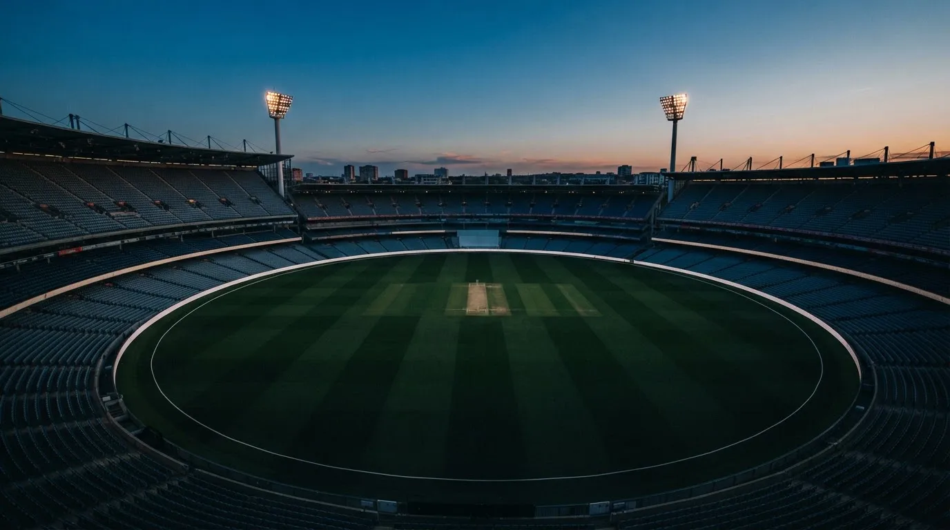 An empty football stadium with floodlight masts at dusk