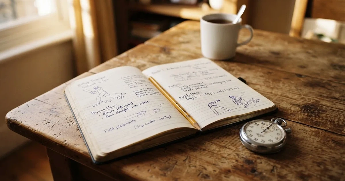 An open notebook with a pencil and a stopwatch on a wooden table