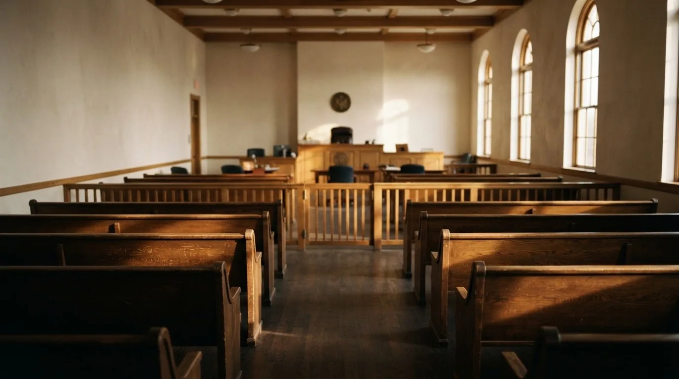 An empty courtroom with wooden benches in morning light