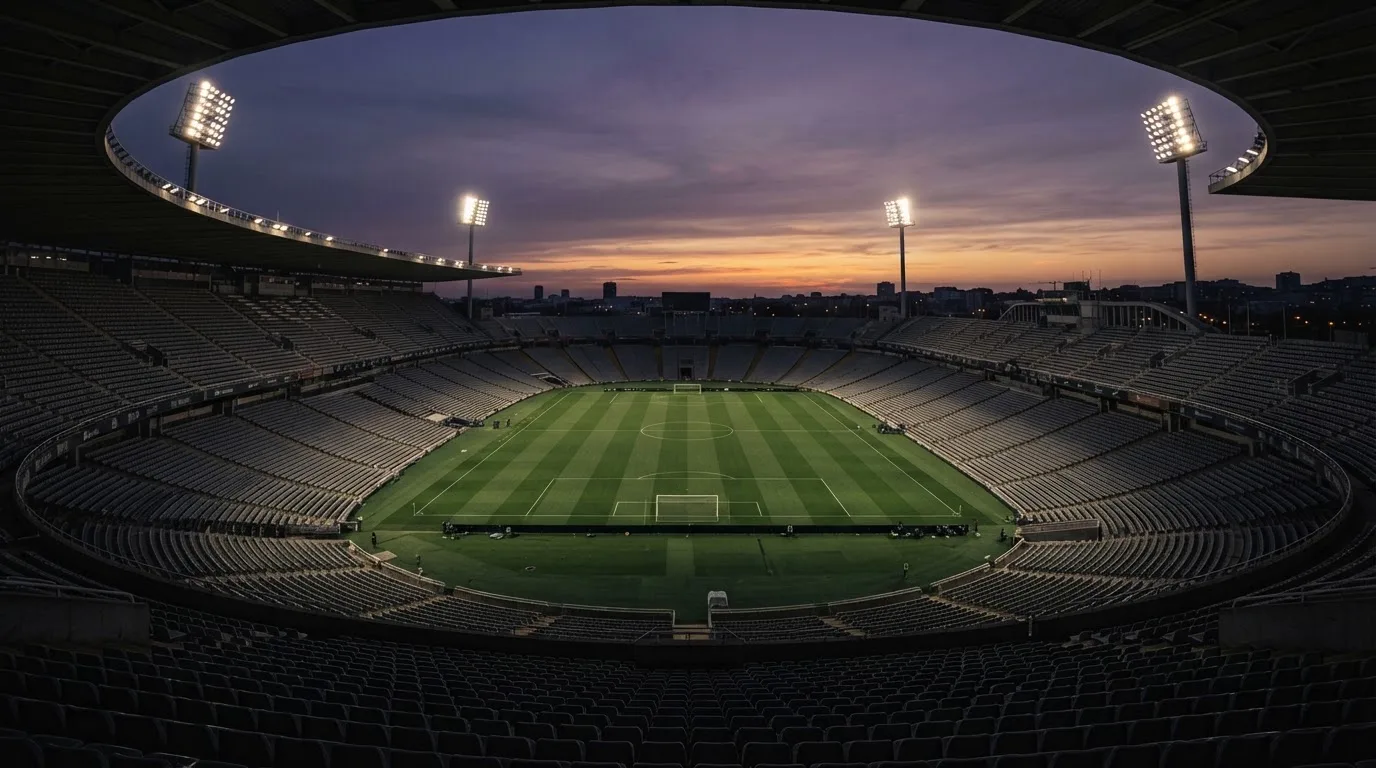 An empty football stadium with floodlight masts at dusk