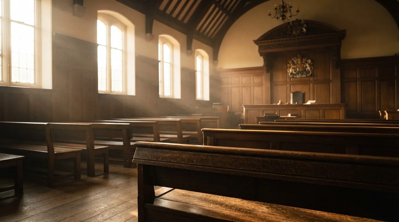 An empty courtroom with wooden benches in morning light
