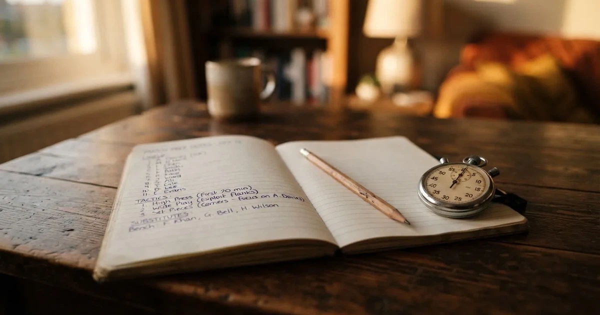 An open notebook with a pencil and a stopwatch on a wooden table