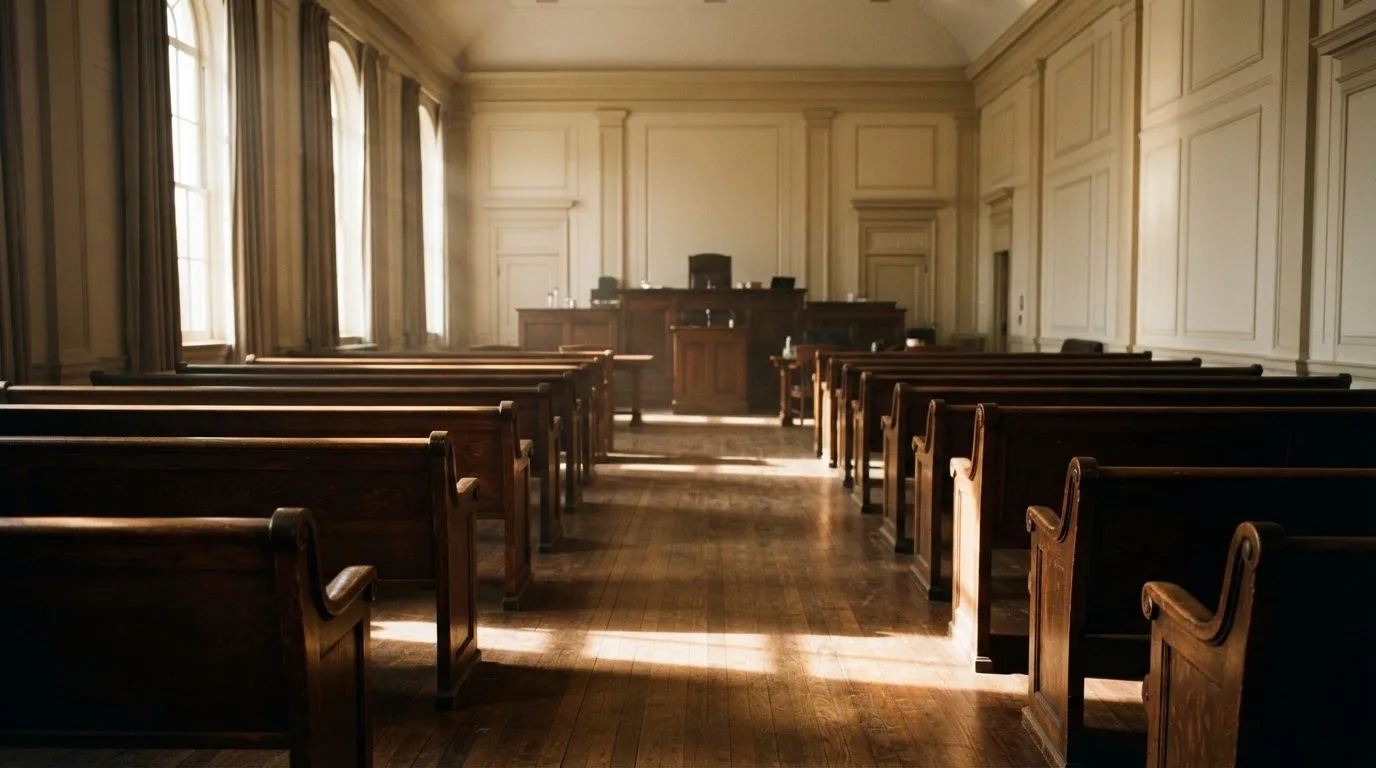 An empty courtroom with wooden benches in morning light