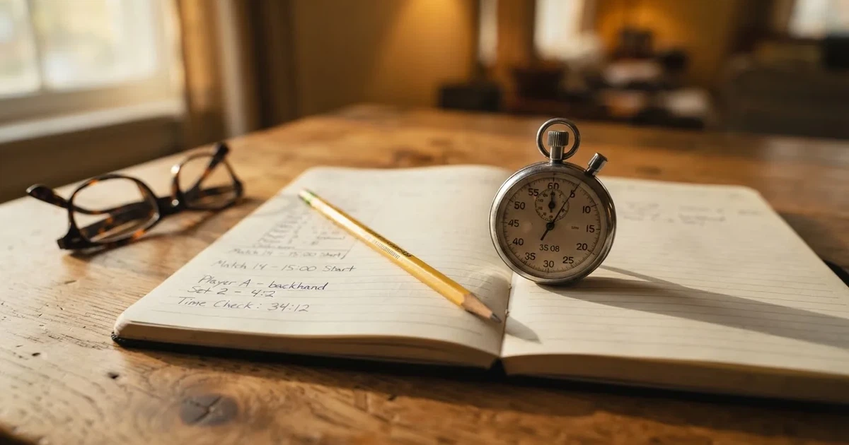 An open notebook with a pencil and a stopwatch on a wooden table