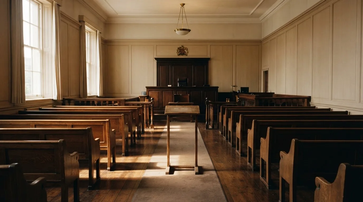 An empty courtroom with wooden benches in morning light