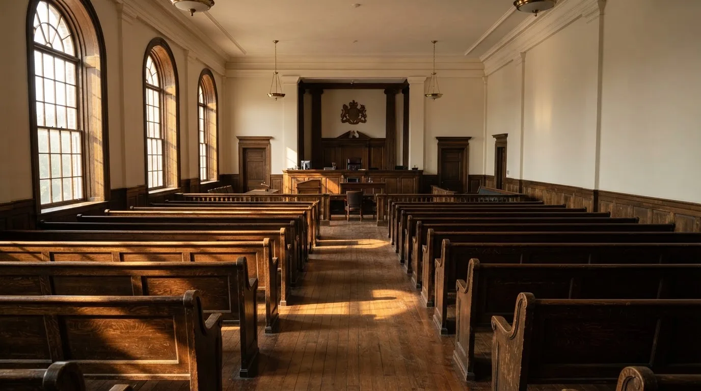 An empty courtroom with wooden benches in morning light