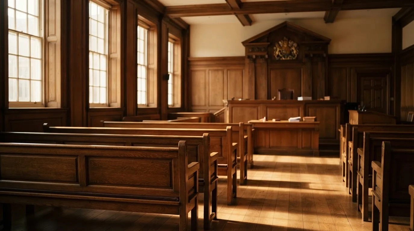An empty courtroom with wooden benches in morning light