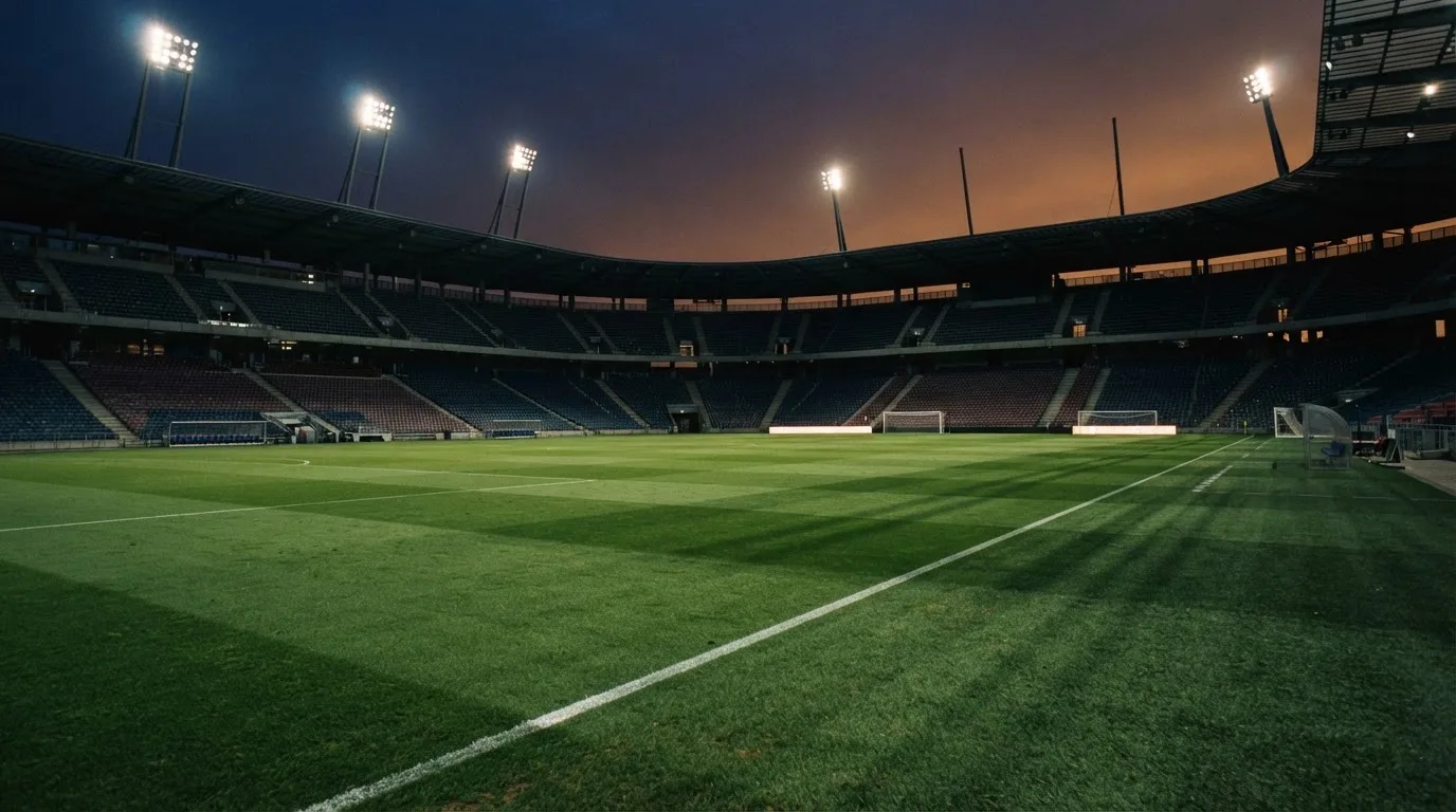 An empty football stadium with floodlight masts at dusk