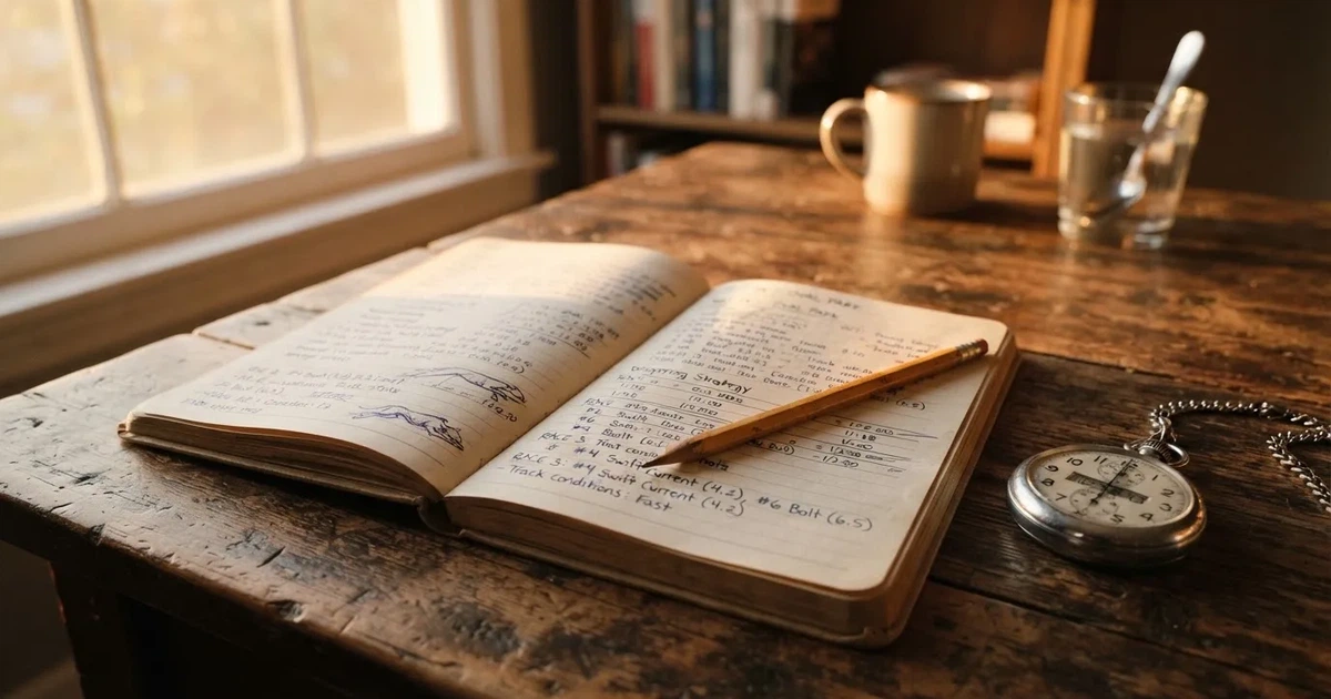 An open notebook with a pencil and a stopwatch on a wooden table
