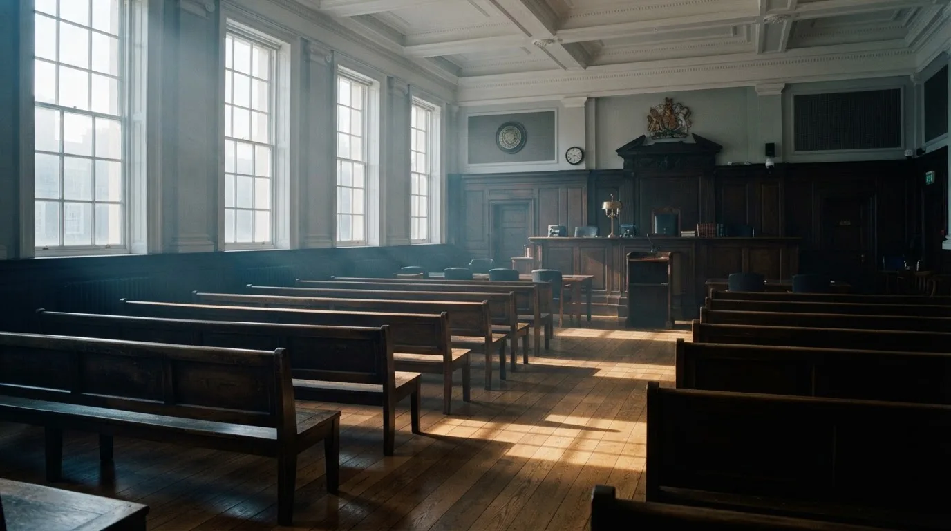 An empty courtroom with wooden benches in morning light
