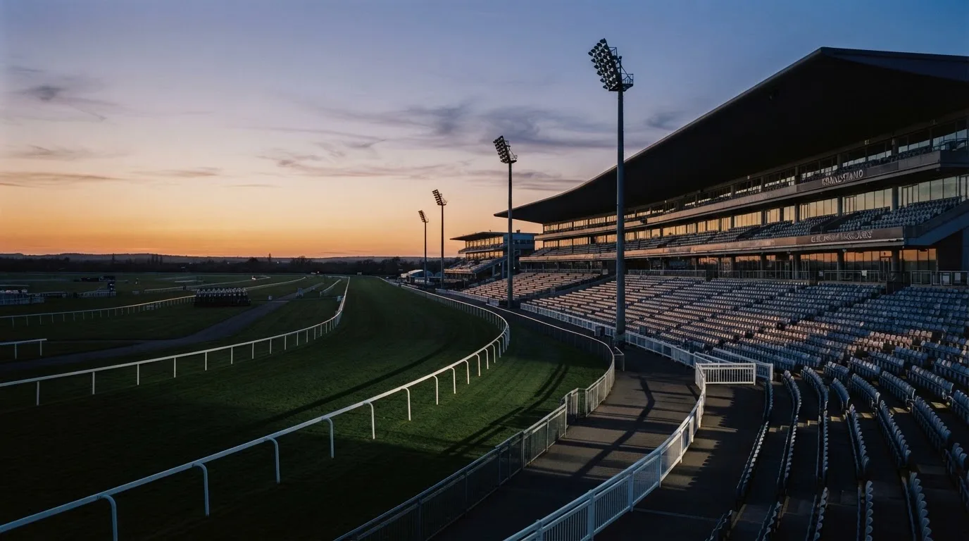 An empty football stadium with floodlight masts at dusk