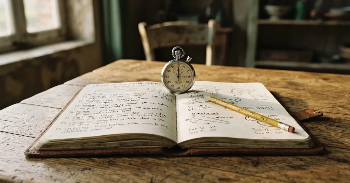 An open notebook with a pencil and a stopwatch on a wooden table