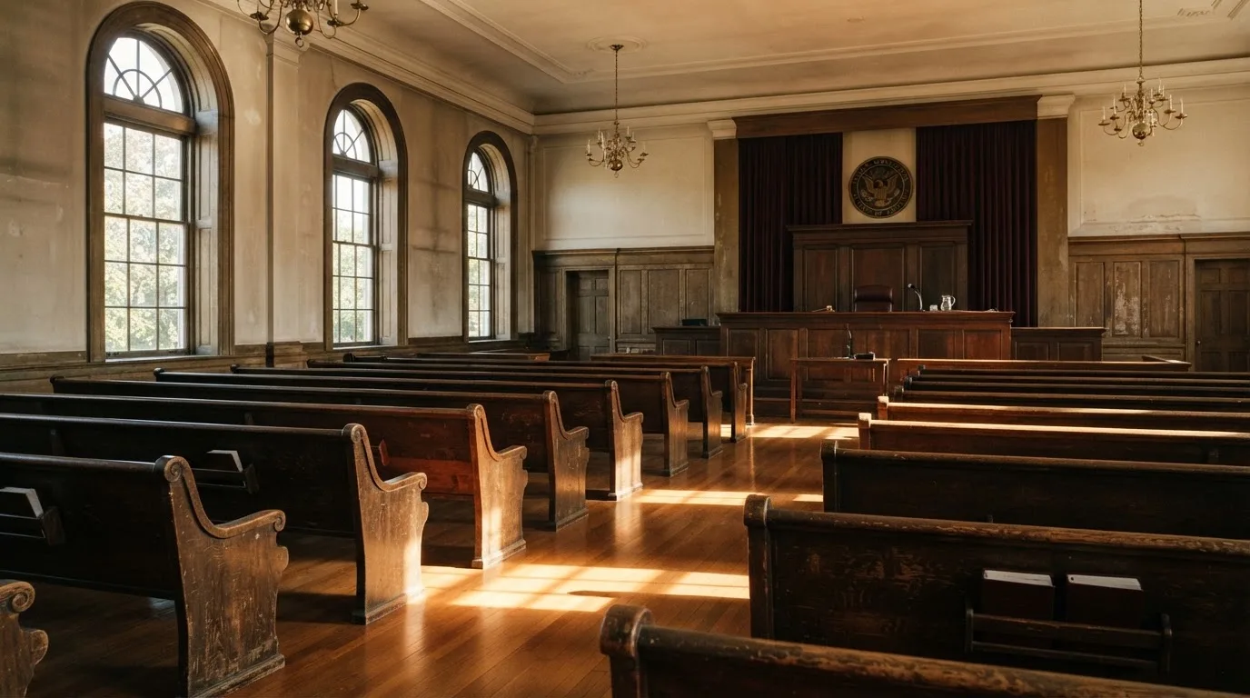 An empty courtroom with wooden benches in morning light