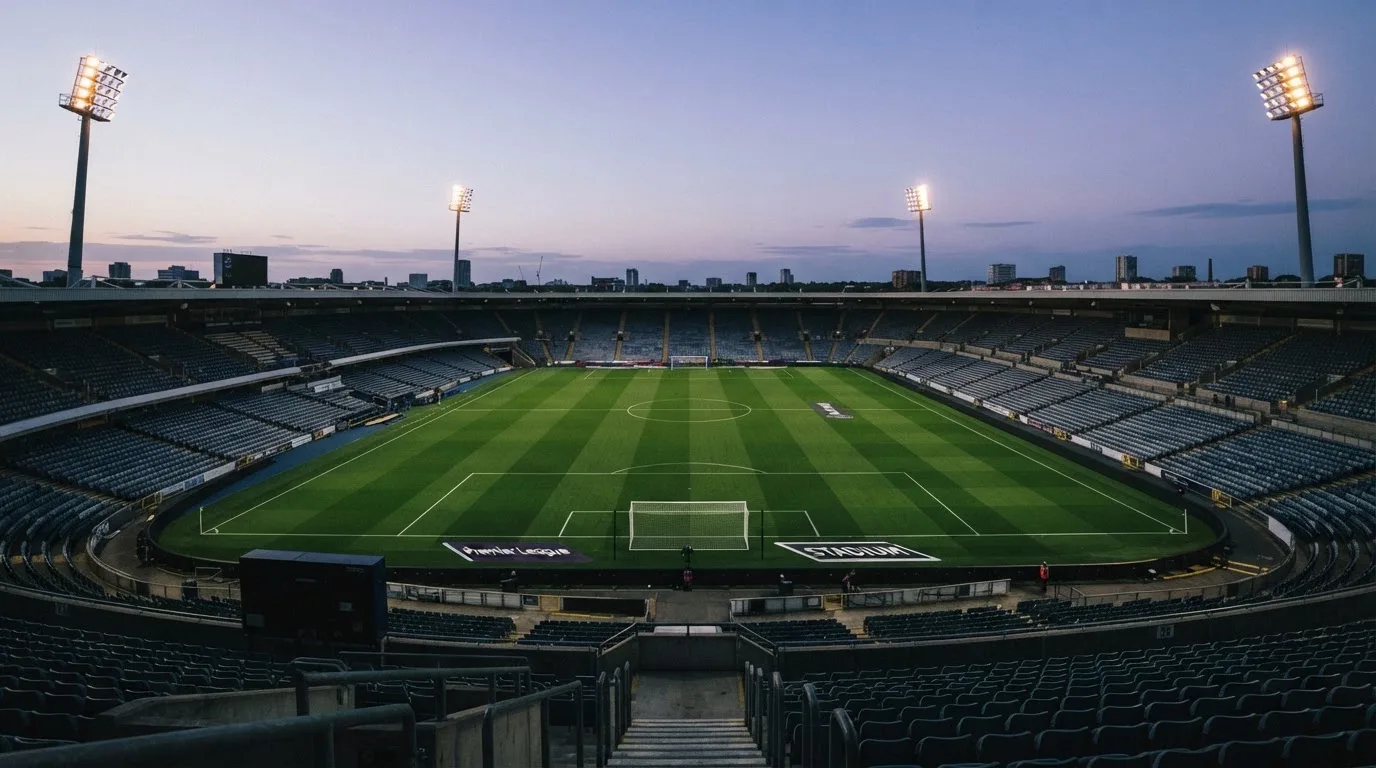 An empty football stadium with floodlight masts at dusk