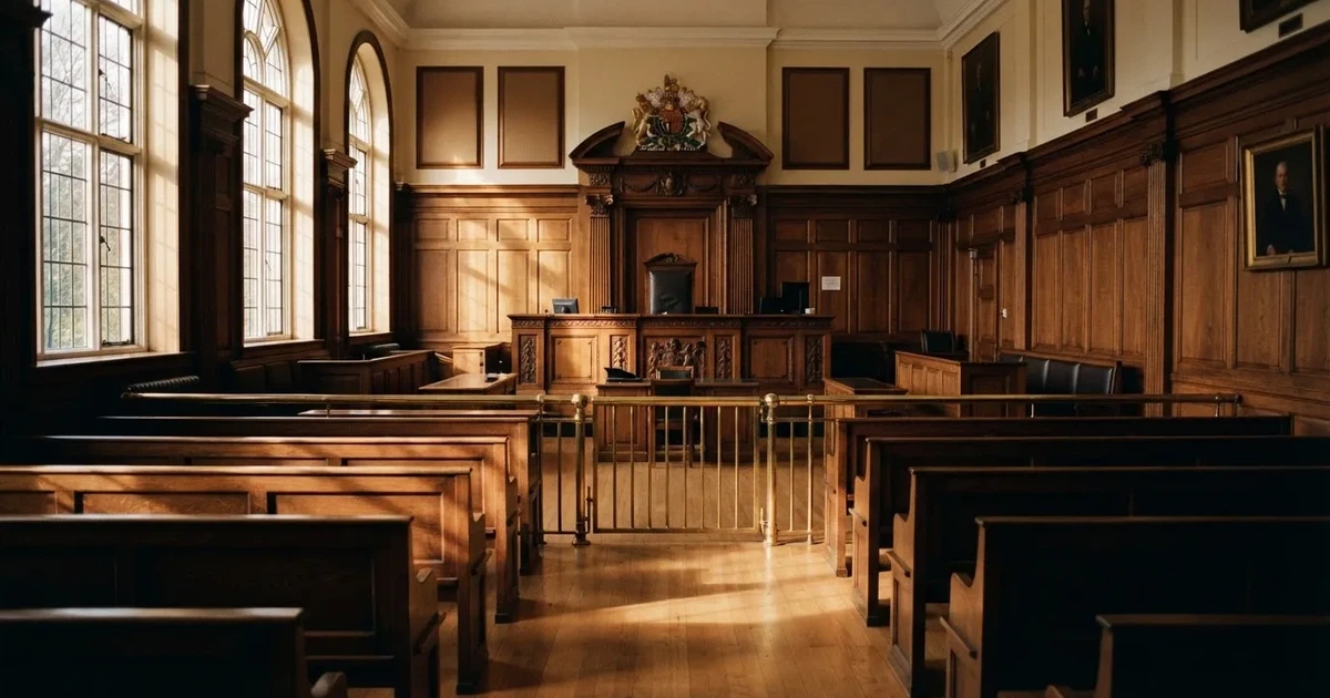 An empty courtroom with wooden benches in morning light