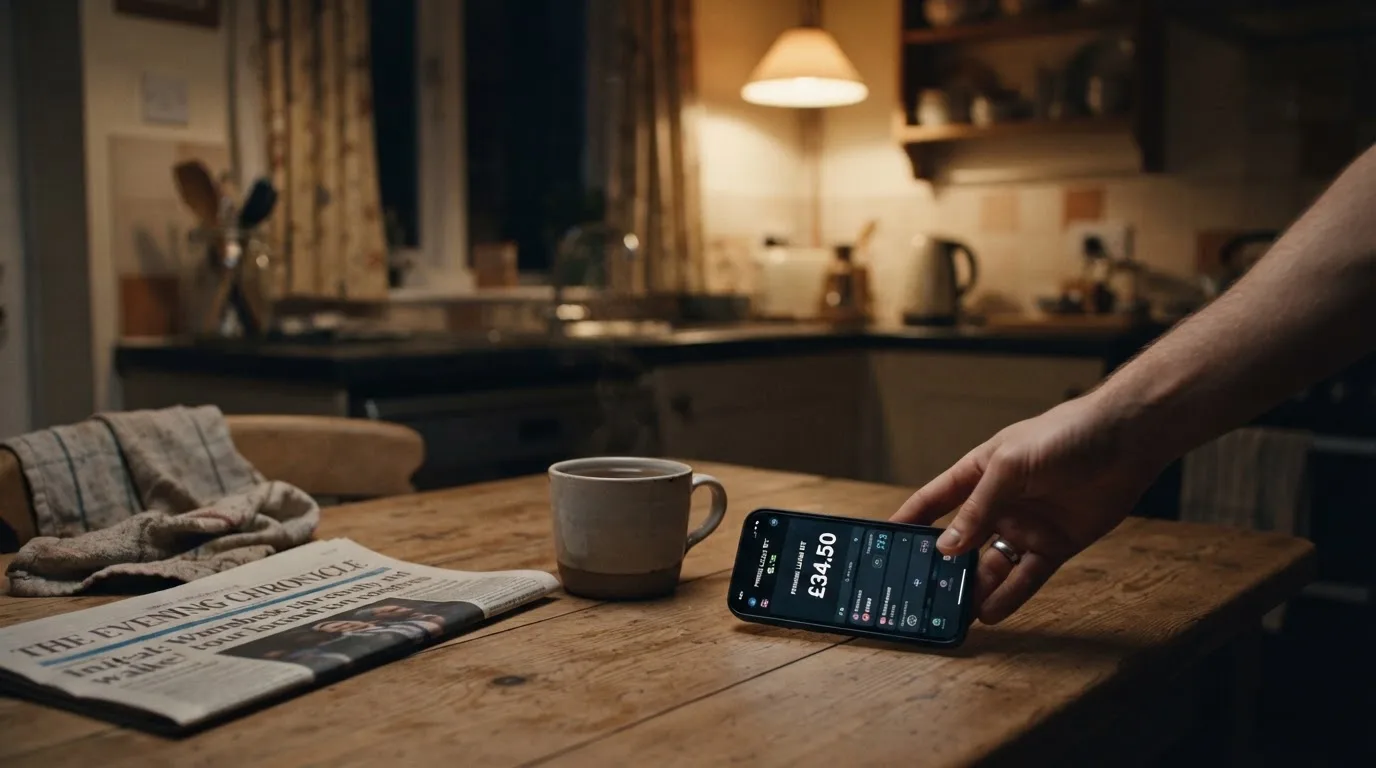 A hand setting a smartphone down beside a cup of tea on a kitchen table on a quiet evening