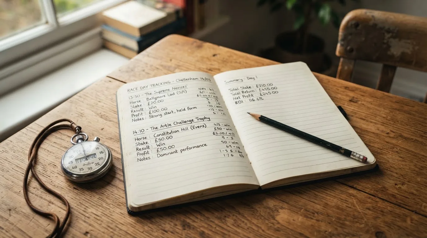 An open notebook with a pencil and a stopwatch on a wooden table