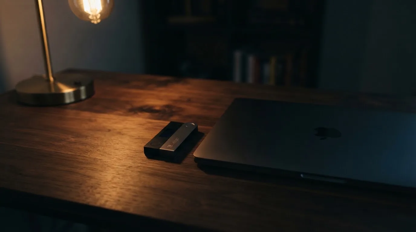 A hardware wallet and a closed laptop on a desk in dim light
