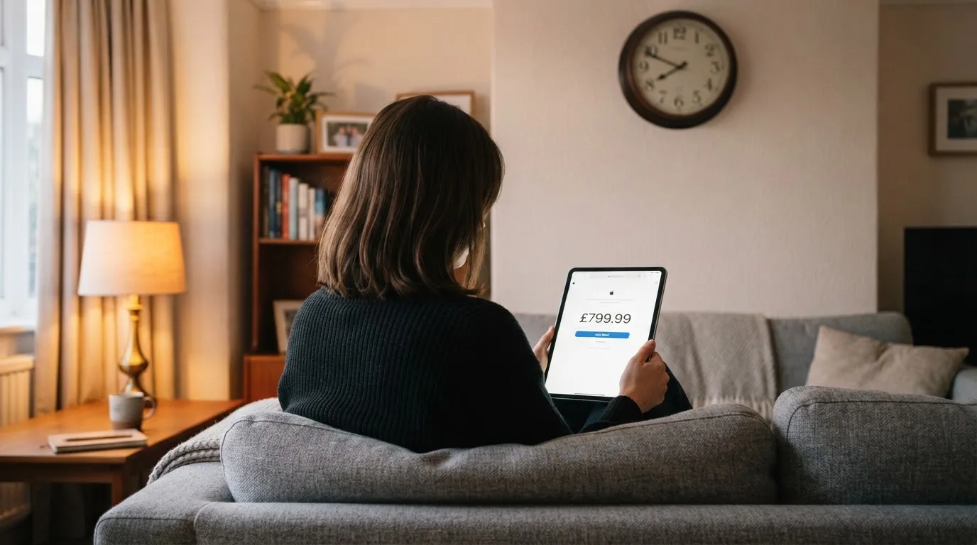A person on a sofa looking thoughtfully at a tablet, a wall clock in the background