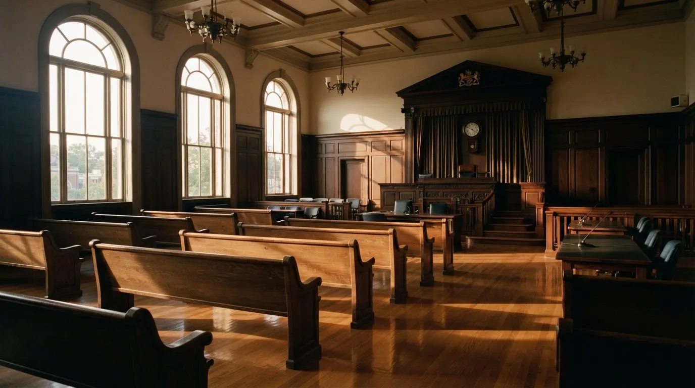 An empty courtroom with wooden benches in morning light