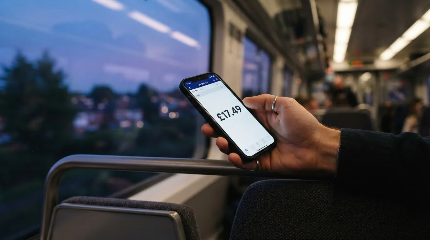 A hand holding a smartphone on a train in the evening, screen turned away