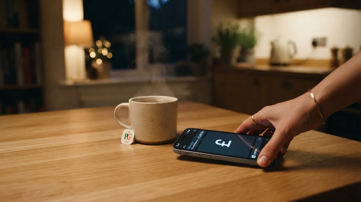 A hand setting a smartphone down beside a cup of tea on a kitchen table on a quiet evening